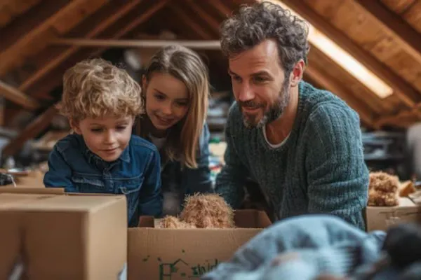 A family of four working together to organize their basement sorting through old items